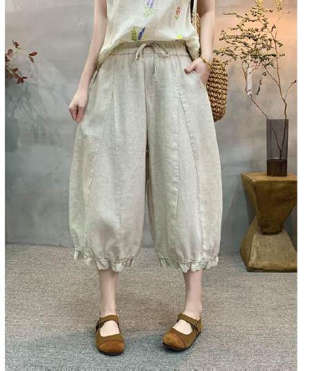 면 린넨 허리밴드 프릴 배기 바지 품격 다용도 허리밴드 레이스업 슬림해 보이는 여성 7부 바지 여름
