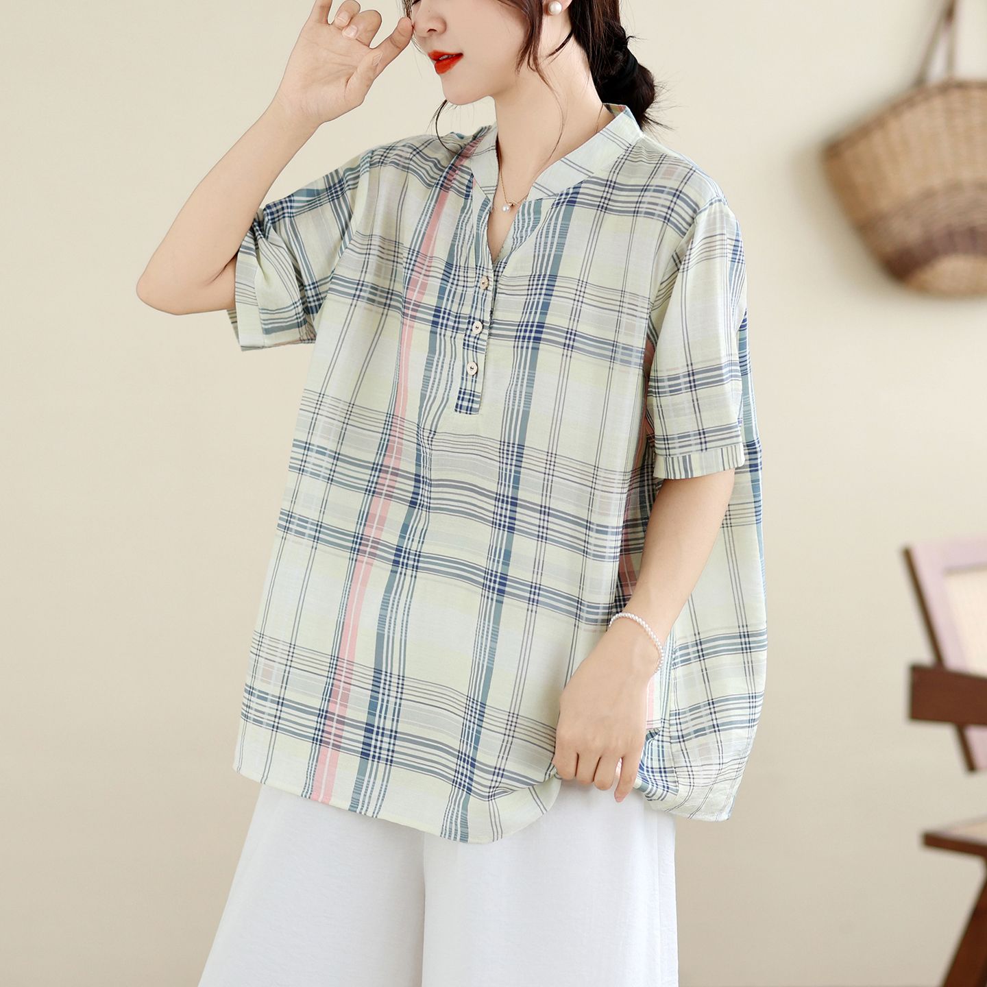 실사 체크무늬 면 린넨 지방 mm 빅 사이즈 반팔 셔츠 여름 새로운 루즈핏 캐주얼 어머니 드레스 스탠드 칼라 맨위 여성