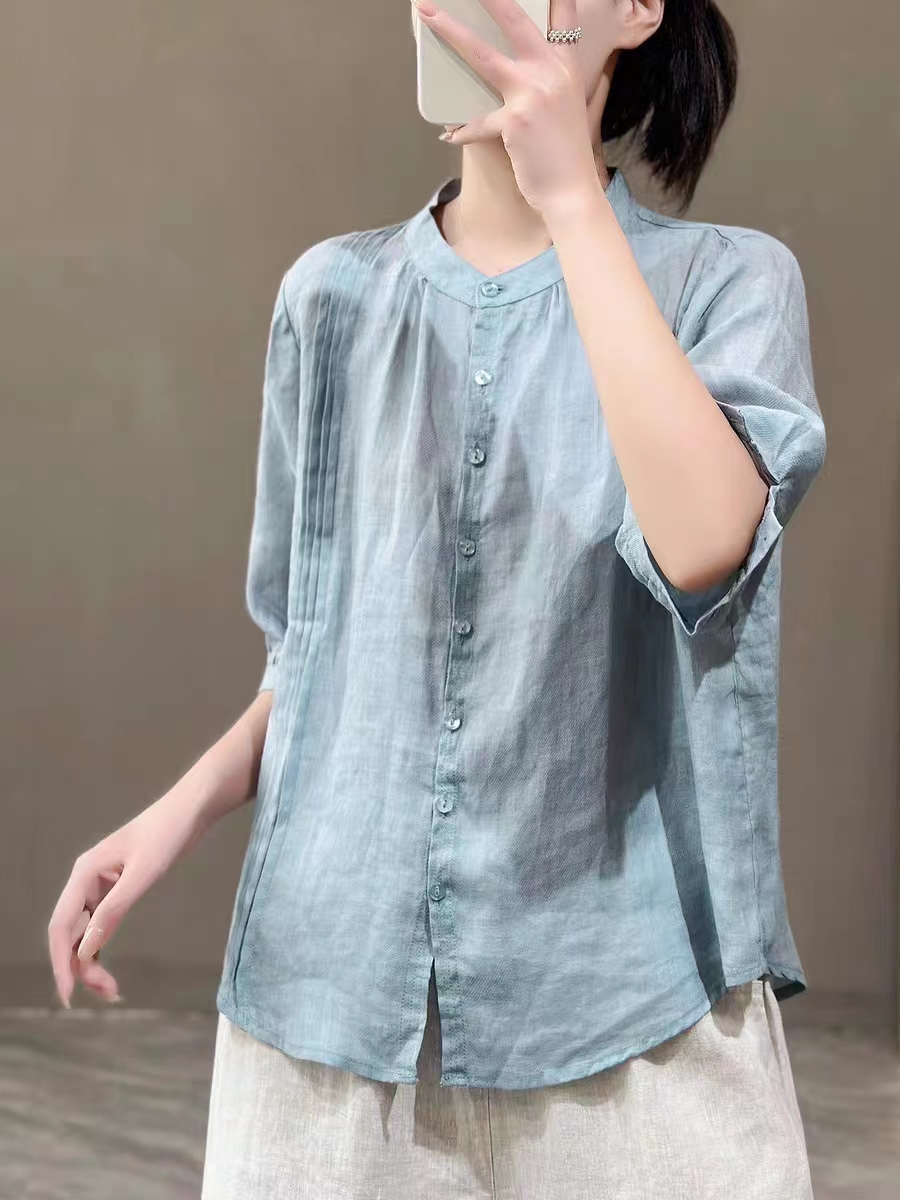 품격 문예 미니멀리즘 바람 면 린넨 반팔 여성 셔츠 올해 여름 새로운 국풍 스탠드 칼라 오픈 가디건 루즈핏 맨위