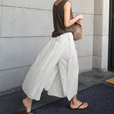 批发双层设计感裙裤<b class='q'>七分裤</b>棉麻裤子开叉宽松裤夏季新款百搭口袋松紧腰