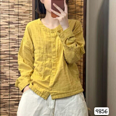 批发2026新款文艺风<b class='q'>长袖</b>棉麻衬衫女宽松圆领纽扣开衫百搭小个子上衣女