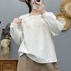 批发秋季新款文艺复古双层棉纱套头<b class='q'>衬衫</b><b class='q'>女长袖</b>宽松百搭亲肤透气上衣女