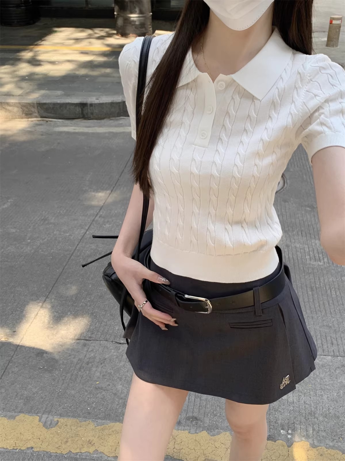 오래된 돈 바람 POLO 칼라 마 무늬 니트 반팔 여성 봄 여름 긍정적 인 어깨 만나는 작은 키 쇼트 스타일 티셔츠 맨위