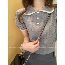 批发<b class='q'>韩版</b>甜美娃娃领短袖衬衫女夏装2025夏季新款气质减龄针织T恤上衣