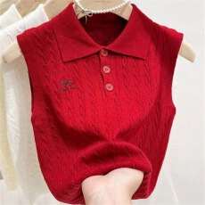 批发早春新款Polo领针织毛衣马甲无袖上衣吊带背心女夏外穿修身<b class='q'>打底衫</b>