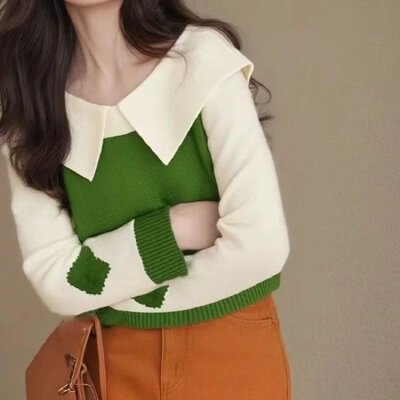 첫 번째 줄 느긋한 고급 센스 유럽 상품 무거운 작업 공정한 섬 녹색 배색 폴로 칼라 니트 스웨터 여자 새로운 겨울
