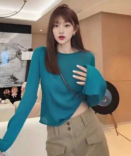 나팔 소매 볼륨 측면 길이 소매 짠 셔츠 여성 가을 느긋한 바람 스웨터 2026 새로운 파란색 고급 센스 루즈핏 맨위