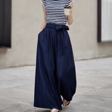 批发新款超火优质仿<b class='q'>牛仔裤</b>蝴蝶结腰带系带阔腿裤高腰宽松休闲裤女