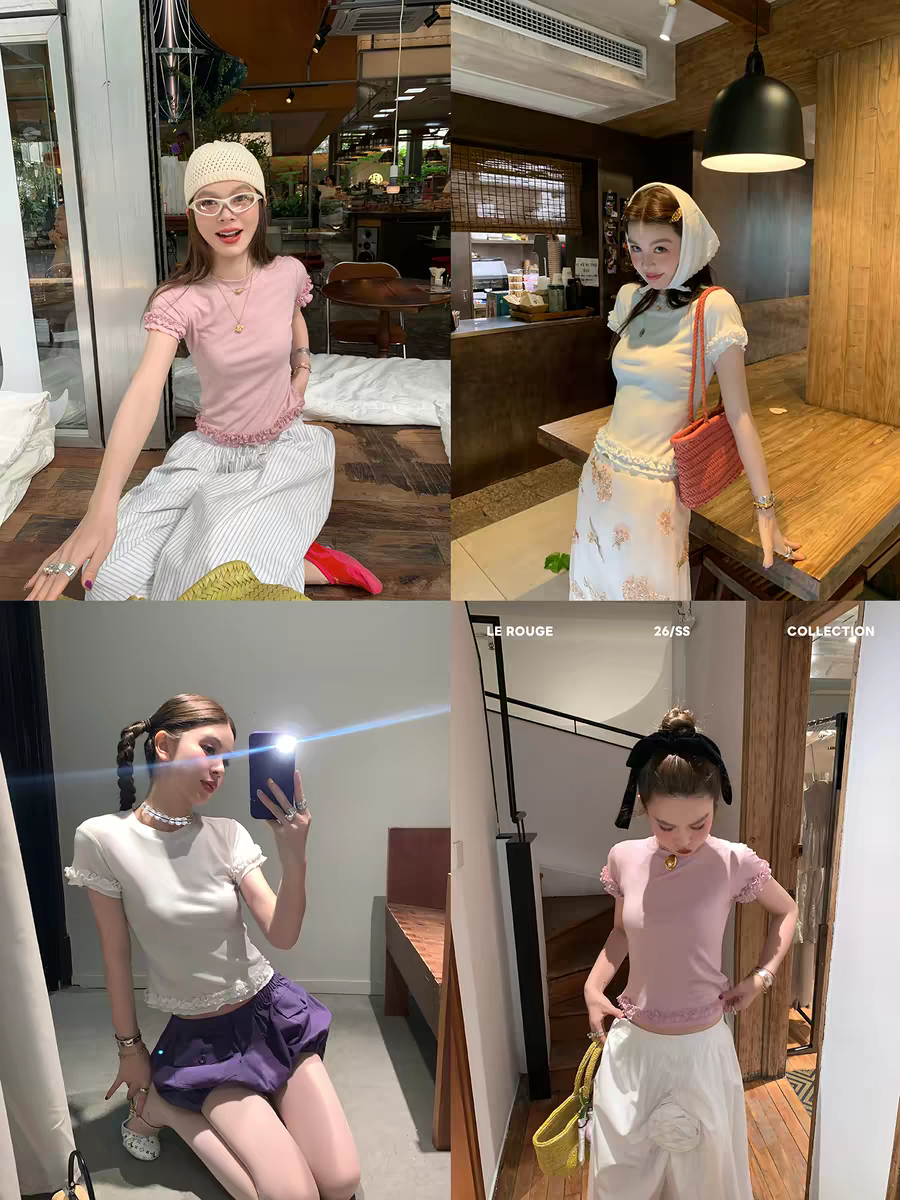 le rouge 주 아름다움 7 번호 늦게 8시 신제품 주간 실크 양모 목이버섯 레이스 라운드 넥 반팔 티셔츠