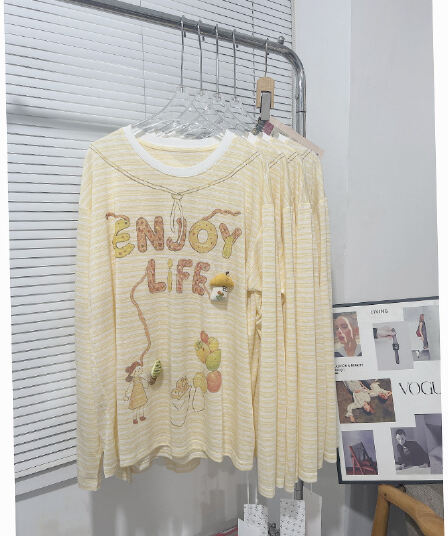 지구 Ouyang enjoy life 도파민 여름 재미있는 수채화 프린트 스트라이프 루즈핏 긴팔 티셔츠