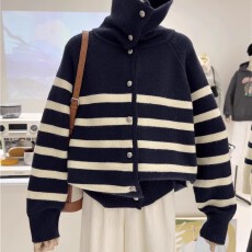 批发撞色条纹高领针织外套女冬<b class='q'>浙江</b>普院毛衣<b class='q'>桐乡</b>高端嘉兴濮院羊绒开衫