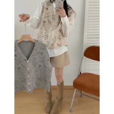 批发单排扣花朵印花针织马甲女开衫秋冬外搭宽松无袖下摆卷边毛衣背心