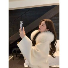 批发慵懒感2025新款双面羊绒大衣连帽100羊毛呢子<b class='q'>狐狸毛</b>斗篷外套女