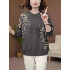 批发<b class='q'>大码</b>女装灰色针织衫女秋季休闲气质年轻妈妈上衣宽松显瘦印花毛衣