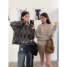 批发韩系复古<b class='q'>北极</b><b class='q'>绒</b>厚实格纹毛衣女宽松毛针织衫(含6%羊毛)