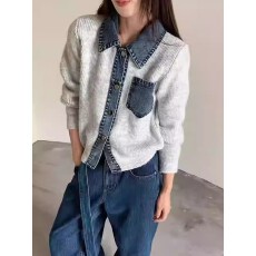 批发针织上衣女秋季新款2025休闲百搭显瘦polo领拼接牛仔开衫毛<b class='q'>衣外套</b>