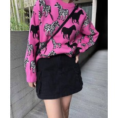 批发可爱小马提花圆领<b class='q'>短款</b>毛衣女秋冬休闲针织开衫外套上衣ins