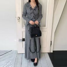 批发冬季新款韩版修身两件套v领<b class='q'>荷叶边</b>设计显瘦套头<b class='q'>毛衣</b>加高腰半身裙