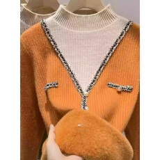 批发一体绒加绒加厚半高领<b class='q'>假两件</b>女士毛衣2024冬季新款拼色针织打底衫