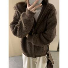 韩系2025冬季新款高克重圈圈毛加厚拉链宽松羊毛连帽外套女