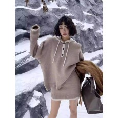 批发连帽针织毛衣套装女2025秋冬休闲慵懒风软糯加厚毛衣半身裙两件套