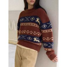 复古拼色提花费尔岛圆领套头毛衣女秋冬新款宽松上衣