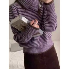 韩系条纹翻领毛针织长袖毛衣女2025秋冬穿搭慵懒内搭打底宽松上衣