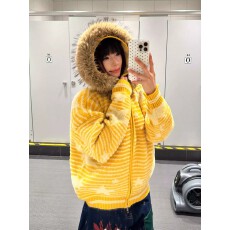 美式复古条纹星星大毛领加绒连帽毛衣厚外套女开衫秋冬