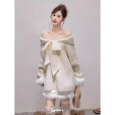 毛毛拼接蝴蝶结针织衫半裙两件套