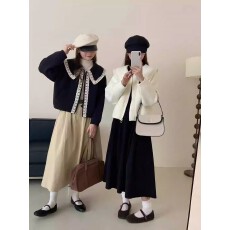 批发娃娃领拼接<b class='q'>蕾丝</b>花边小香风针织呢段外套女秋冬新款韩系小个子上衣