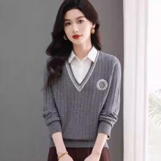 批发春秋装衬衫领拼接针织羊绒衫假两件女套头百搭毛衣打底衫<b class='q'>长袖</b>上衣