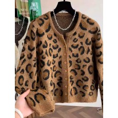 批发复古欧美风豹纹针织开衫女春季休闲百搭叠穿外搭气质慵懒软糯毛衣