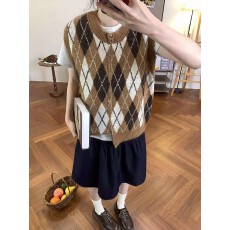 批发复古撞色菱格拉链无袖针织马甲女秋季<b class='q'>新款</b>韩系显瘦叠穿毛衣<b class='q'>背心</b>