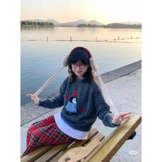 批发深灰色～羊驼毛绒感提花企鹅<b class='q'>毛衣</b>女 <b class='q'>手工</b>穿绳圆领短款氛围感上衣