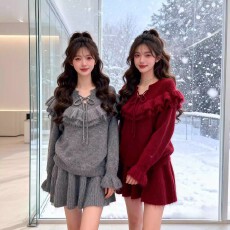 批发冬装韩系穿搭一整套针织套头<b class='q'>荷叶边</b>系带<b class='q'>毛衣</b>短裙套装减龄两件套女