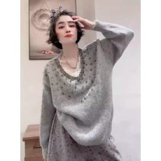 批发秋冬新款<b class='q'>时尚</b>法式风蕾丝花边V领重工镶钻长袖针织衫毛衣女