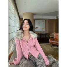 双拉链灰色毛领连帽针织外套女秋冬麻花修身毛衣开衫慵懒长袖上衣