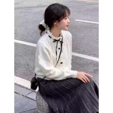 批发韩式甜美风木耳边系带针织开衫<b class='q'>女</b>秋冬新款圆领毛衣外套少<b class='q'>女</b>感开衫
