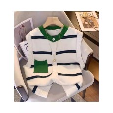 批发慵懒风撞色马夹开衫<b class='q'>女</b>装圆领条纹单排扣休闲外套叠穿羊绒上衣春秋