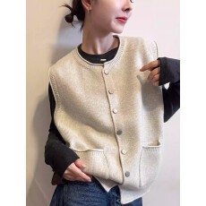 批发韩系复古圆领针织<b class='q'>马甲</b>女无袖开衫坎肩叠穿百搭氛围感毛衣外套秋冬