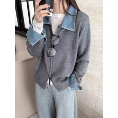 批发高端蜜熊绒细羊毛牛仔领拼接灰色冬装针织毛衣开衫<b class='q'>外套</b>新款上衣女
