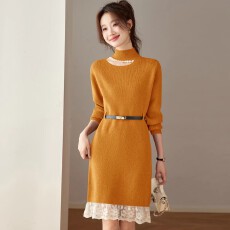 批发高端针织长袖<b class='q'>连衣裙</b>女秋冬中长款半高领收腰显瘦拼接蕾丝打底裙子