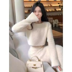 批发小香风软糯水貂绒针织毛衣套装女秋冬名媛气质高级感<b class='q'>连衣裙</b>子两件