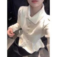 批发法式温柔风翻领开衫女<b class='q'>荷叶边</b>收腰小香风可内搭外穿上衣针织衫外套