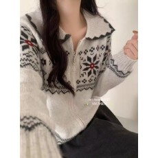 批发<b class='q'>欧洲站</b>2025秋冬<b class='q'>新款</b>翻领半拉链时尚复古提花宽松百搭羊毛针织衫女