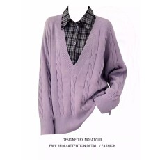 批发大码胖MM假两件毛衣女秋冬季长袖紫色针织衫宽松显瘦叠穿内搭上衣