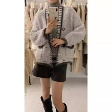 批发复古撞色粗针加厚双排扣羊毛针织开衫秋冬保暖气质通勤毛衣外套