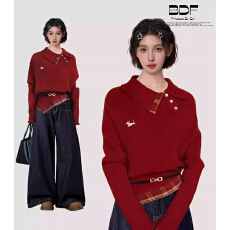 批发新年红色polo翻领套头针织毛衣女秋冬季不规则内搭打底衫长袖上衣