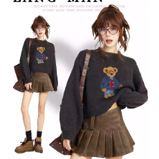 批发复古套头短款小熊针织毛衣女秋冬冬季加厚小个子羊毛内搭打底上衣