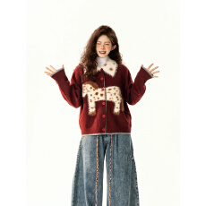 批发新年氛围感小马提花红色毛衣开衫女宽松慵懒百搭针织外套